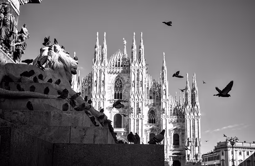 Milan Cathedral with pigeons and stone lion statue in black and white